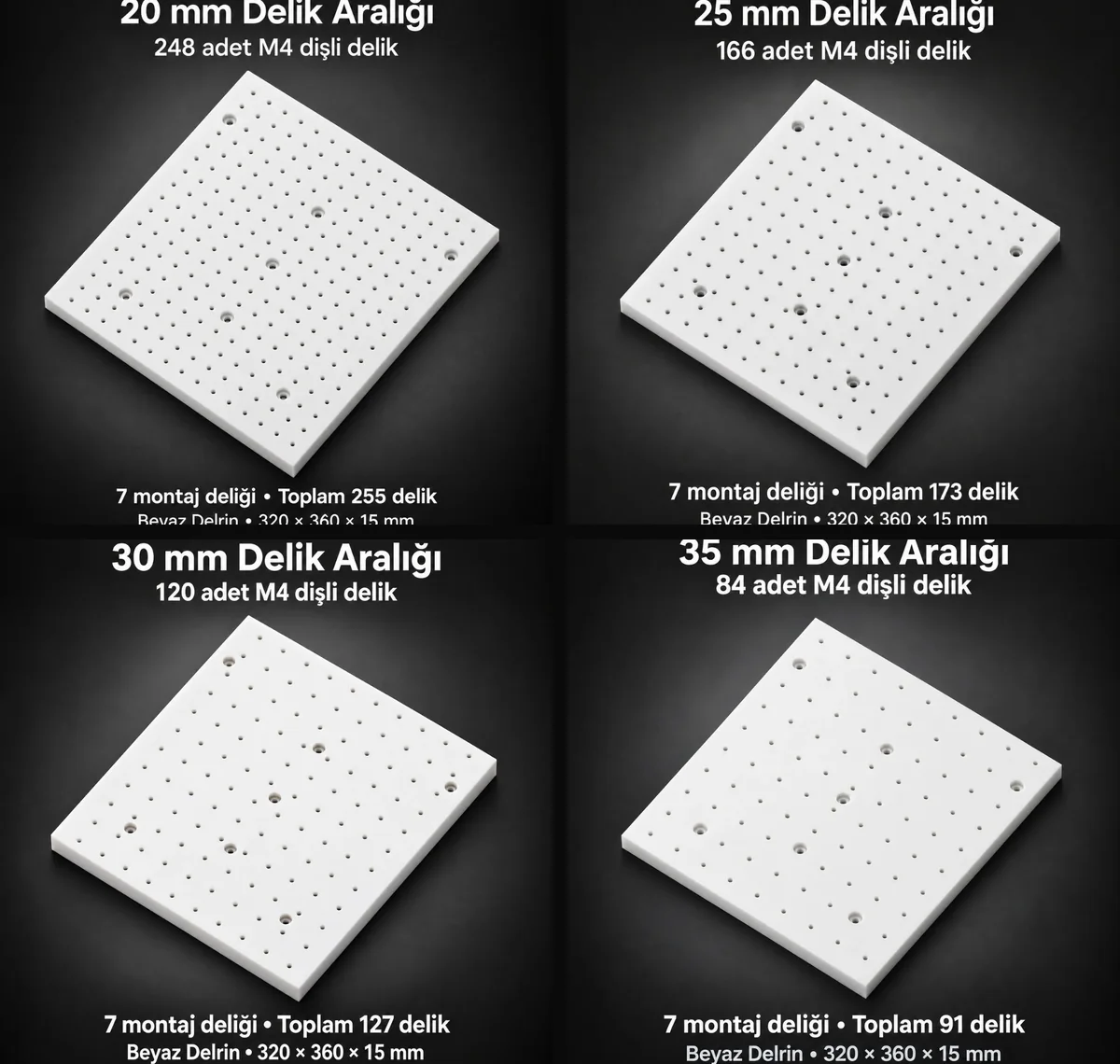 Delrin tabla yatakları — 20 / 25 / 30 / 35 mm delik aralığı